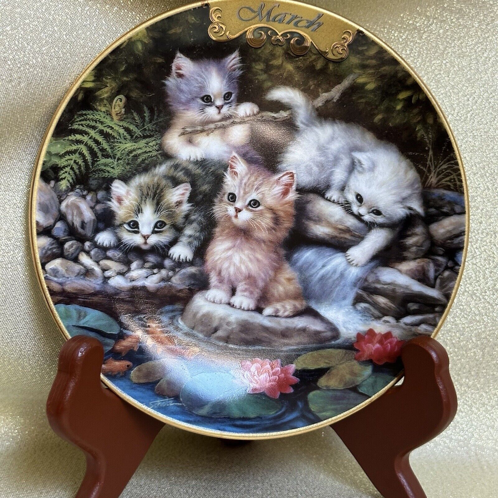 MARCH - BY THE LILY POND  Antique Plate Kittens Bradford Exchange. Plate NoB352