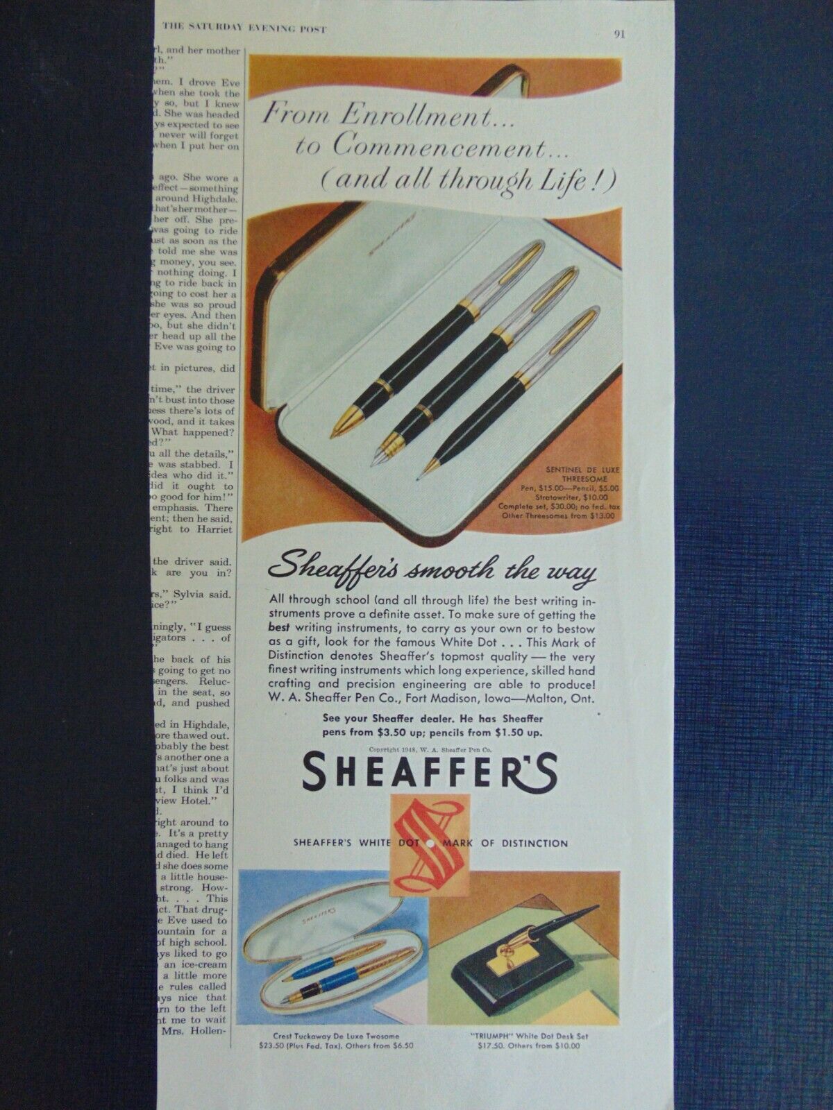 1948 SHEAFFER\'S INK PENS vintage art print ad