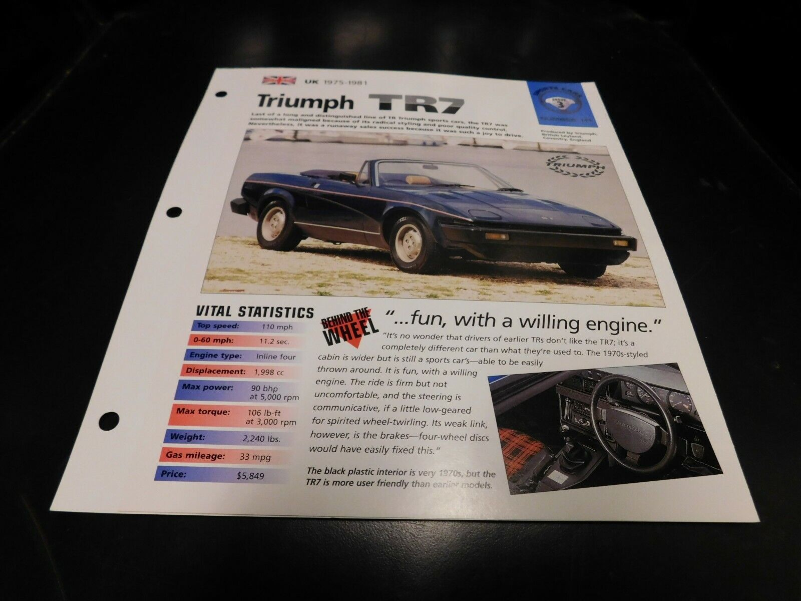 1975-1981 Triumph TR7 Spec Sheet Brochure Photo Poster 76 77 78 79 80