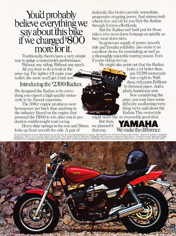 1986 Yamaha Radian Motorcycle Original Advertisement Print Ad J508