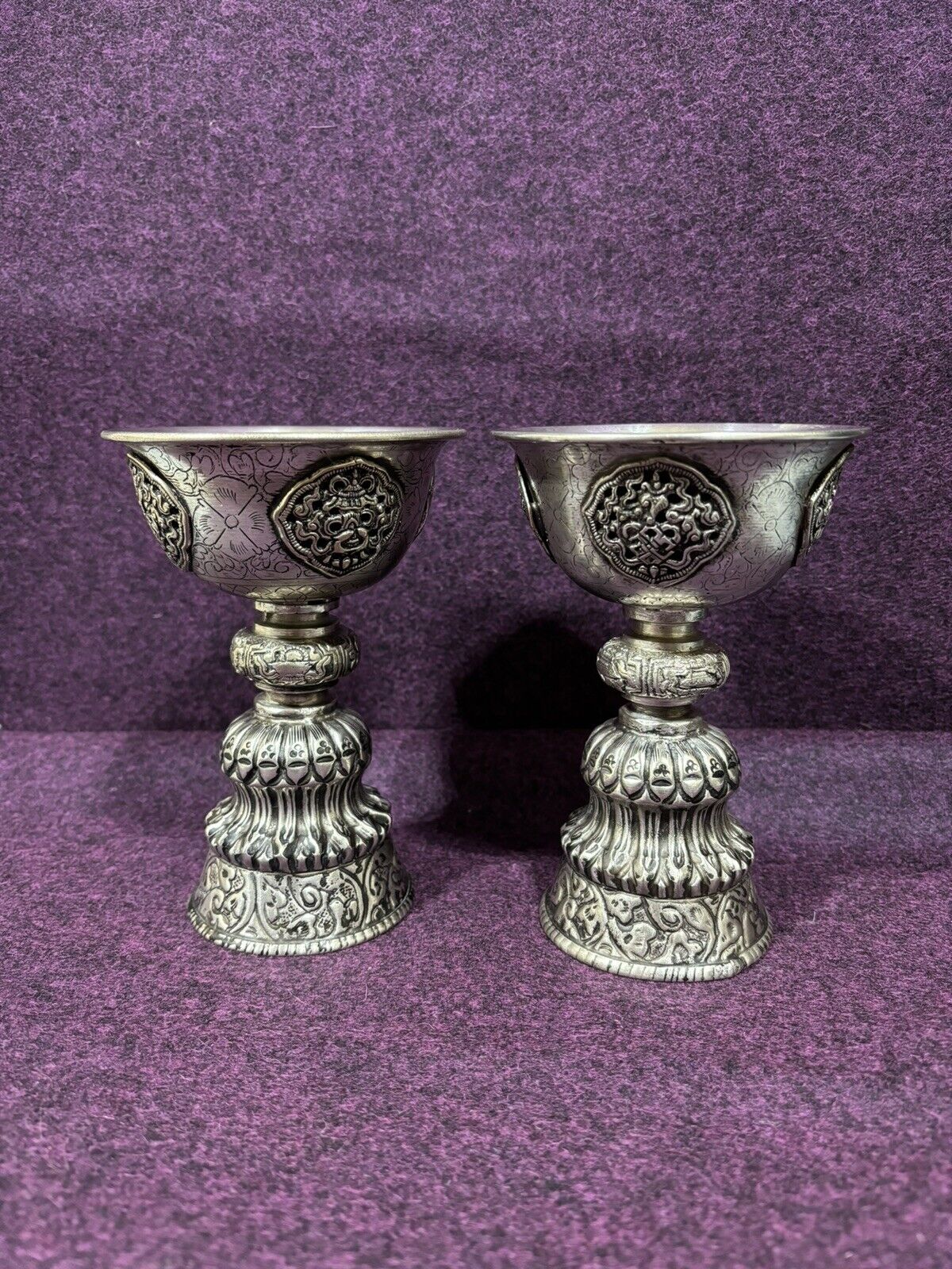 Antique  Buddhist Yak Butter Lamp | Ritual  | Handmade Vintage Lamp In Silver