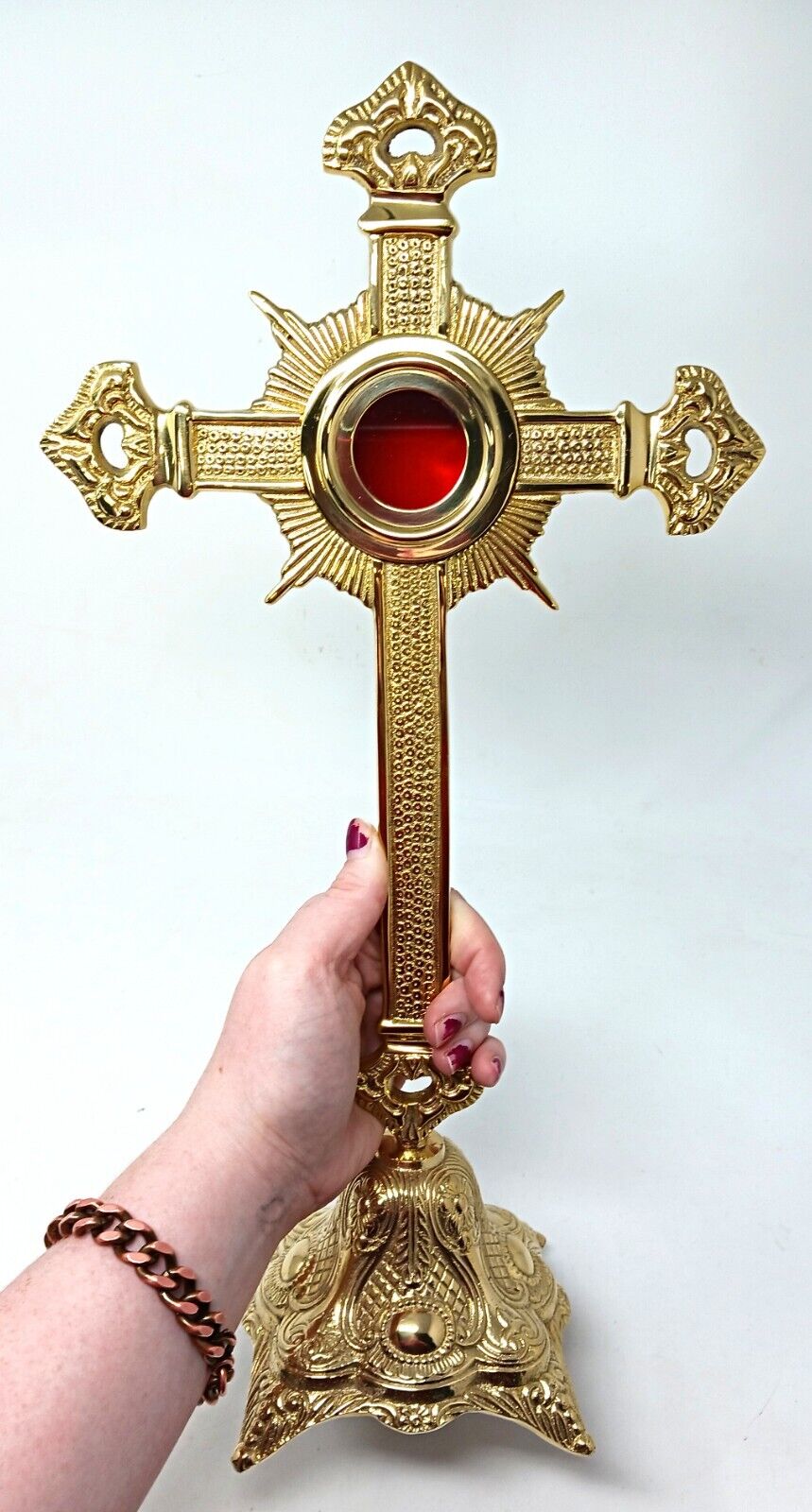 High Polished Brass Cross Monstrance Reliquary for Catholic Church or Home 16 In