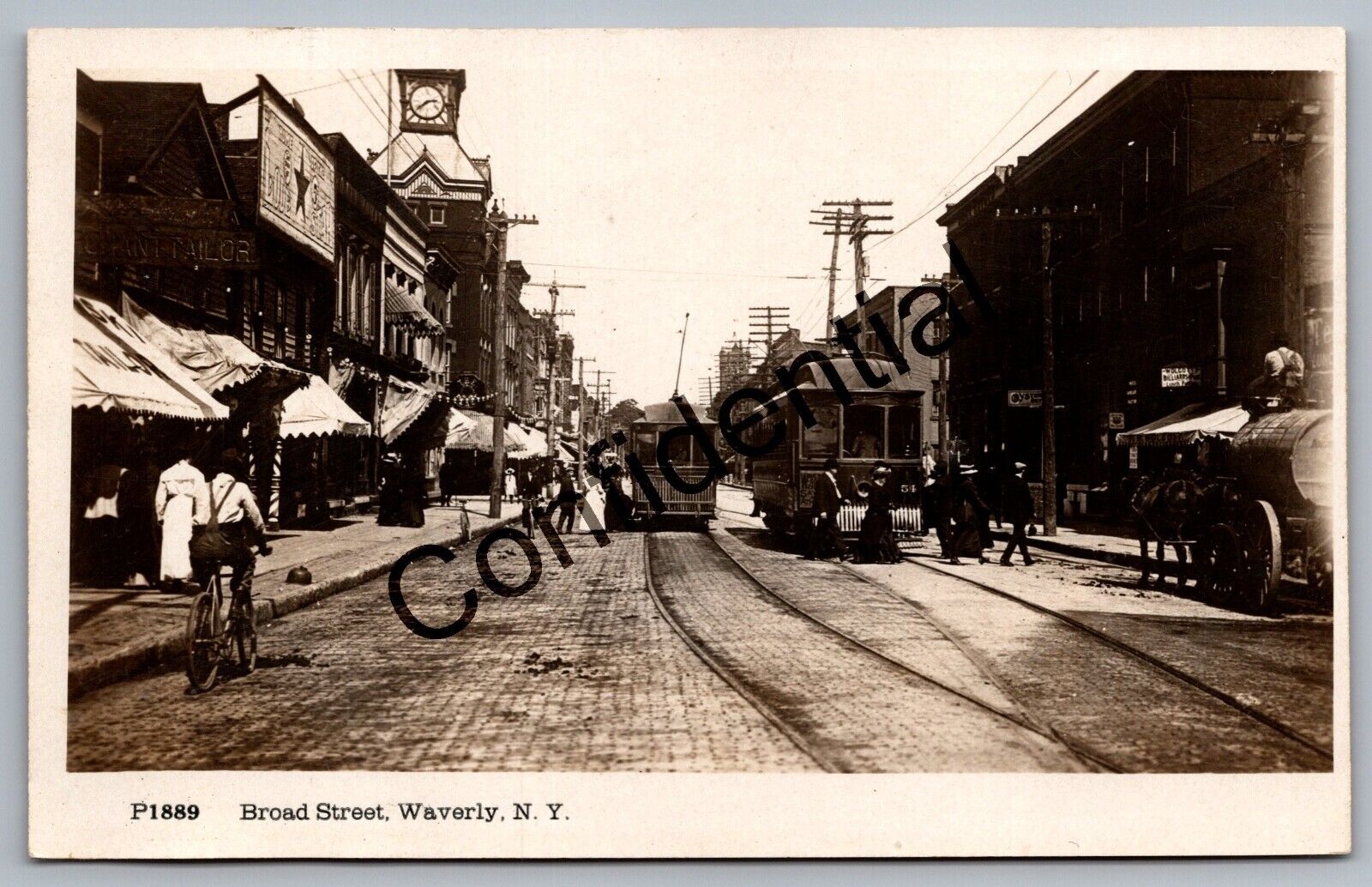 Real Photo Broad Street Trolleys & Storefronts Waverly New York NY RP RPPC D355