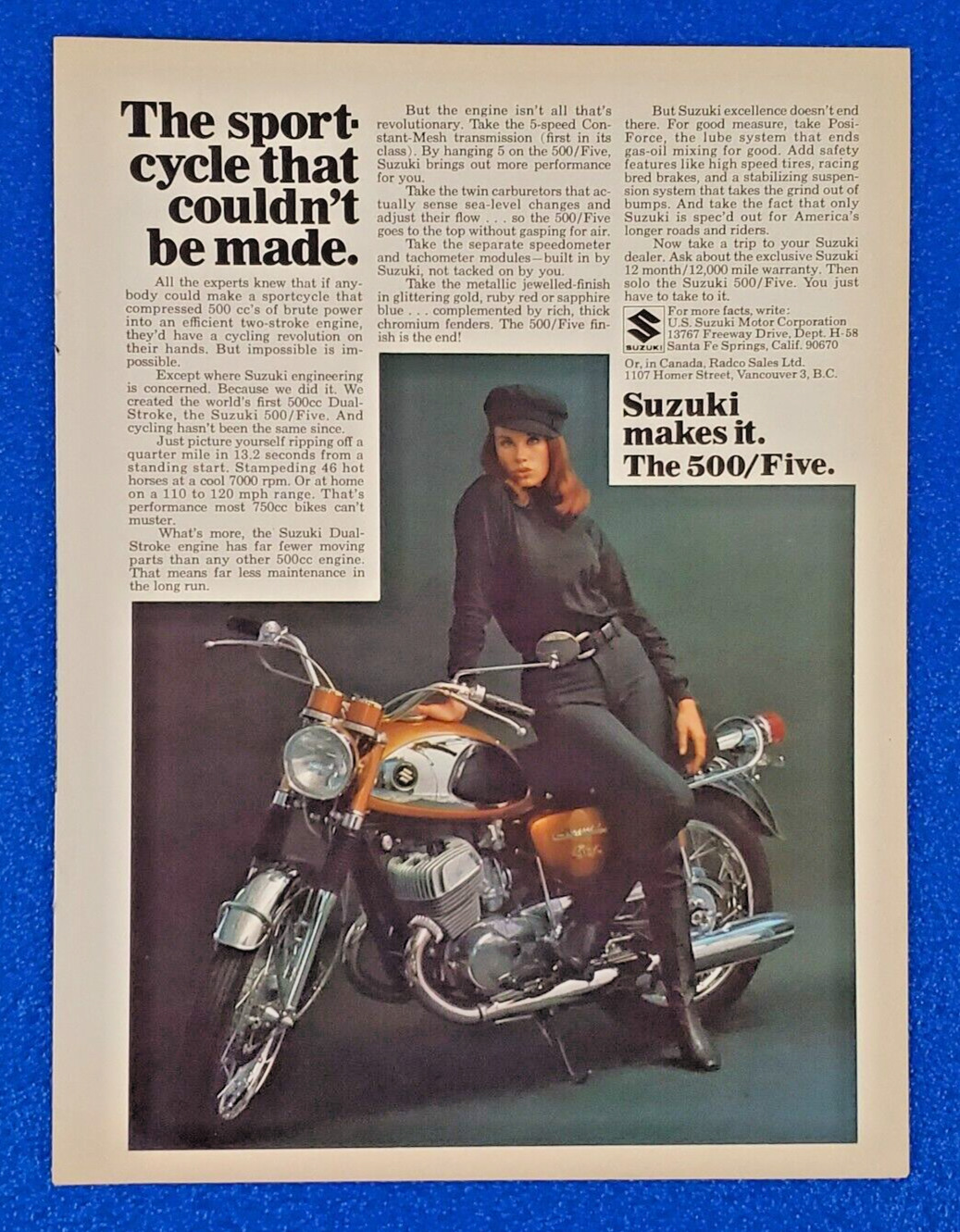 1968 SUZUKI 500cc MOTORCYCLE MODEL 500/FIVE ORIGINAL PRINT AD SHIPS FREE LOT B29