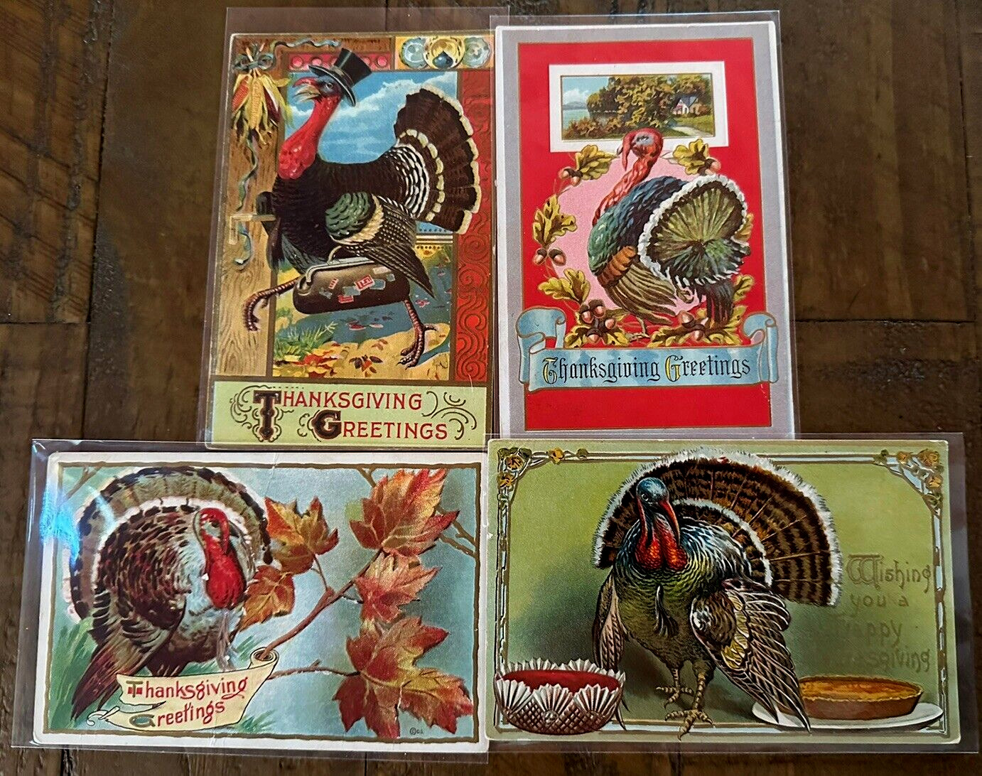 Lot of 4~Vintage Thanksgiving Postcards with Turkeys~Pie~Autumn Scenes~h837