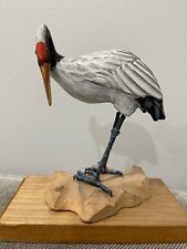 Carved Wood Painted Red Crowned Crane Bird Sculpture Statue Figurine picture