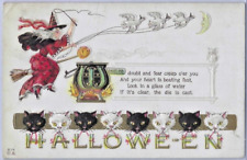 1910 Halloween Postcard Flying Witch on Broom w/Whip White Black Cats Bird Moon picture