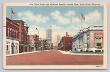Post Office & Michigan Ave looking West Battle Creek Mi Linen Postcard No 4176 picture