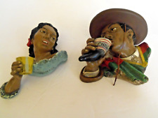 Mexican Chalkware Heads Man & Woman Drinking Chile Folk Art Signed Vintage picture