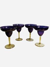 Vintage Purple Iridescent Gold Stem Margarita Glasses Set Lot Of Four picture