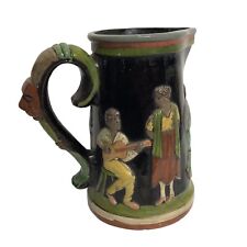 Vintage 1930s Mexican Tlaquepaque Terra Cotta Pitcher Stein Hand Painted Relief picture