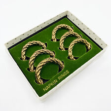 Vintage 80s Set of 6 Cast Metal Gold Tone Rope Napkin Rings in Original Box picture