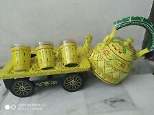 Yellow Hand Painted Indian Tea Kettle With 6 Glass Set Kitchen Pot Showpieces picture
