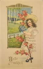 Best Wishes - 1912 Vintage Postcard - Sparkle Card - Girl Holding Flowers picture