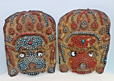 VINTAGE PAIR OF TIBETAN / NEPALESE EMBOSSED COPPER MASK w/RED BLUE STONES c1975 picture