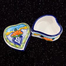 Mexico Art Pottery Talavera Heart Trinket Dish Jewelry Storage Dish W Lid Marked picture