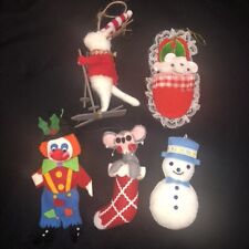 Vintage Handmade Felt Christmas Ornaments Lot of 5 Clown Mice Bunny Snowman VGC picture