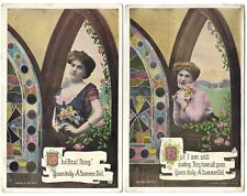 c1909 Set of 2 Taylor Art Co Postcards Summer Girl Reuleaux Stained Glass Window picture