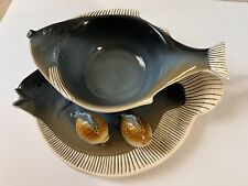 Vintage Flat Earth Fish Plate Bowl And Shaker Set picture