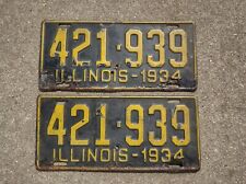 Vintage 1934 Illinois license plate pair 421-939 Original Black Yellow Paint DMV picture
