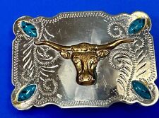 The Longhorn cow steer western nickel silver belt buckle with turquoise accents picture