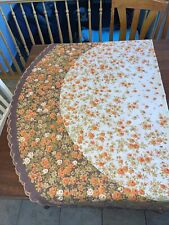 vtg tablecloth round orange Gold brown white roses MCM Mid Century Antique picture