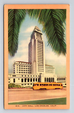 c1940s Linen Postcard Los Angeles CA City Hall NCL or LATL Streetcar Trolley picture