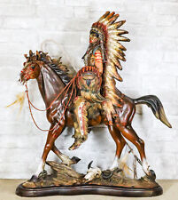 Large Indian Chief With Headdress Feathered Coup Staff Shield On Horse Statue picture