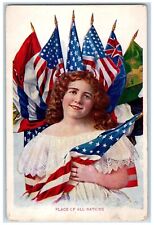 c1910's Girl Curly Hair Patriotic Flag Of All Nations Unposted Antique Postcard picture