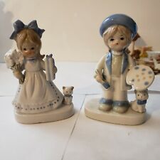 Vintage Enesco Girl & Boy Porcelain Figurines Flowers Kitten Artist 4.5” picture