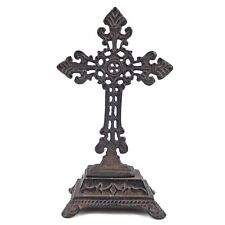 Fleur De Lis Standing Cross Cast Iron Rustic Brown Antique Style 9 3/4 in Tall picture