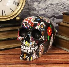 Ebros Day Of The Dead Black Sugar Skull With Floral Tattoo Cranium Skull Statue picture
