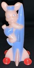 VINTAGE ROSBRO PLASTIC EASTER TOY W/WHEELS - BUNNY RABBIT ON ROCKET picture