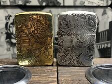 Lot 2set Zippo Lighter 2-side Brass & silver fish And Dragon Lighter New In Box picture