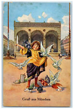 c1910 Odeonsplatz With Feldherrnhalle Munich Germany Doves Flying Kid Postcard picture