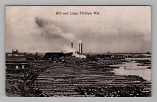 Postcard Phillips Wisconsin RPPC Logging Mill Smoke Stacks Real Photo WI 1908 picture