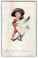 1912 Boy Acting Old Man Grandpa Newspaper Lake Placid New York NY Postcard picture