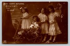 c1913 RPPC Four Young Girls Floral Small Kids Wagon Many Happy Returns Postcard picture