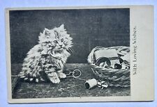 Kitten With Thread Sewing Kit. Vintage Cat Postcard picture