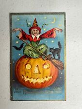 1911 Antique Halloween Postcard Embossed Witch, Pumpkin, Bat & Black Cat Iowa picture