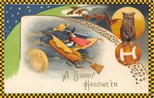 c.1915 Schmucker Witch Riding Corn Cob Airplane Starry Halloween postcard Winsch picture