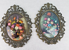 Set of 2 Vintage Made In Italy Brass Frame Convex Floral Pictures 10.75”X13.75” picture
