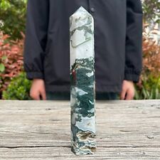 1.7LB 9.8'' Natural Moss Agate Quartz Crystal Reiki Healing Point Tower Obelisk③ picture