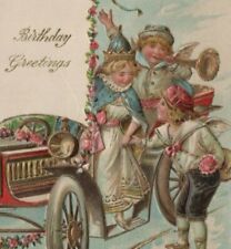 c1907 Birthday Greetings children car horn gilt embossed Old World postcard B263 picture
