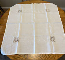 Vintage Card Table Cover Linen Tablecloth White Embroidery Cut Work  34