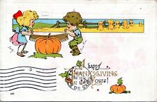 Thanksgiving Postcard Pretty Girl Boy Sawing Pumpkin Misery Whip 1913 JF picture