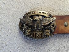 Vintage Harley Davidson Made In The USA Brass Belt Buckle W/Size 36 Leather Belt picture