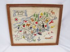 Vintage Crewel And Felt Sampler Map of the East USA Framed Folk Art Embroidered picture
