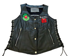 Woman’s Leather Biker Vest Harley Davidson Patches Side Lace picture