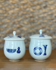 Pair of Fakagawa Porcelain Blue Cheongsam Lidded Teacups picture